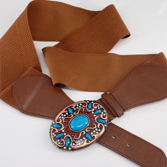 Southwestern Style Turquoise Blue Coral Red Copper Belt Buckle Brown Stretch XL - Picture 4 of 15